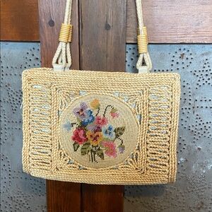 Handmade Vintage Straw Embroidered Purse Floral Needlepoint